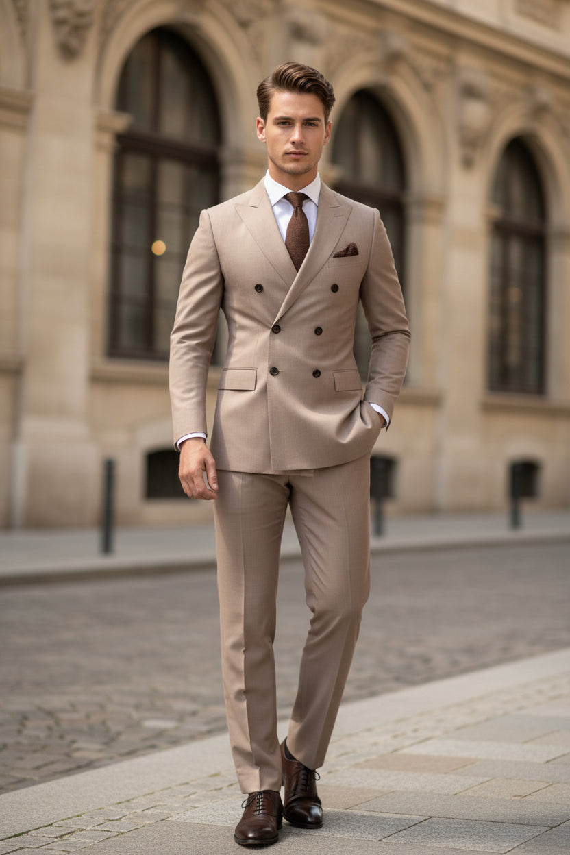 Beige double-breasted suit with a brown tie and pocket square against a blurred background