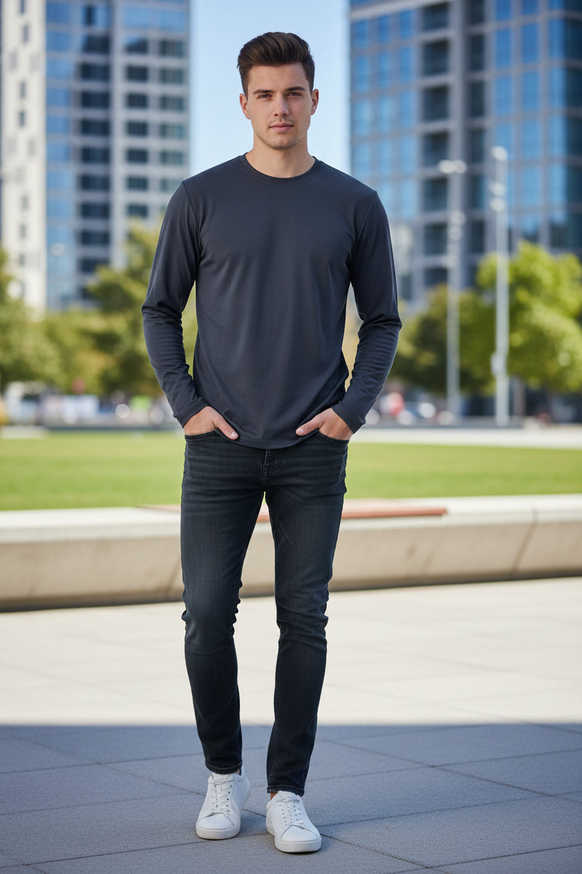 Dark gray long-sleeve shirt on a white background