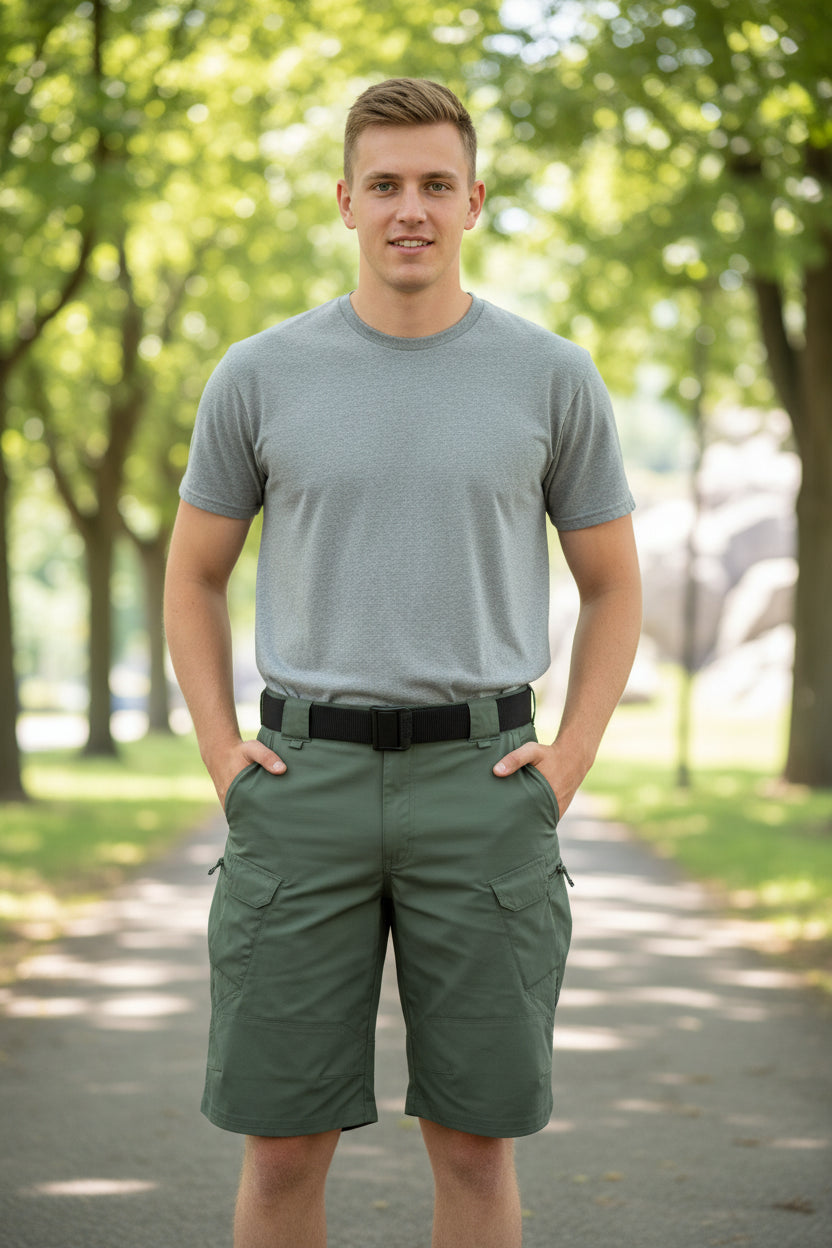 Green tactical shorts with multiple pockets and a belt on a white background