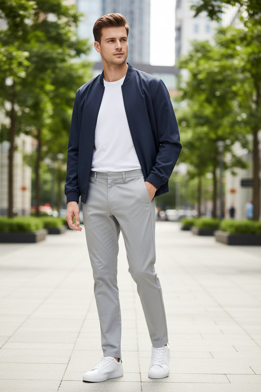 Person wearing gray pants and white sneakers on a plain background
