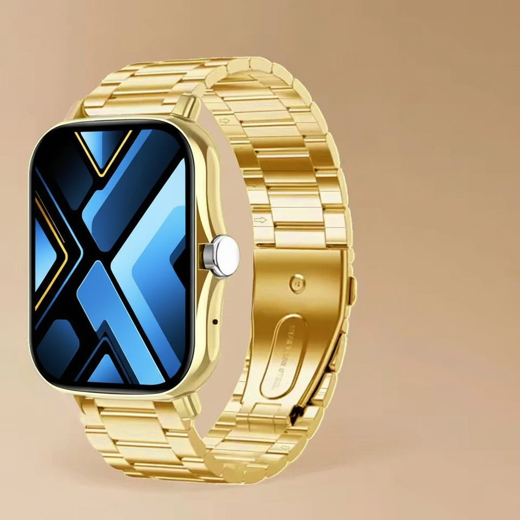 Gold smartwatch with metal band and additional beige strap on a beige background