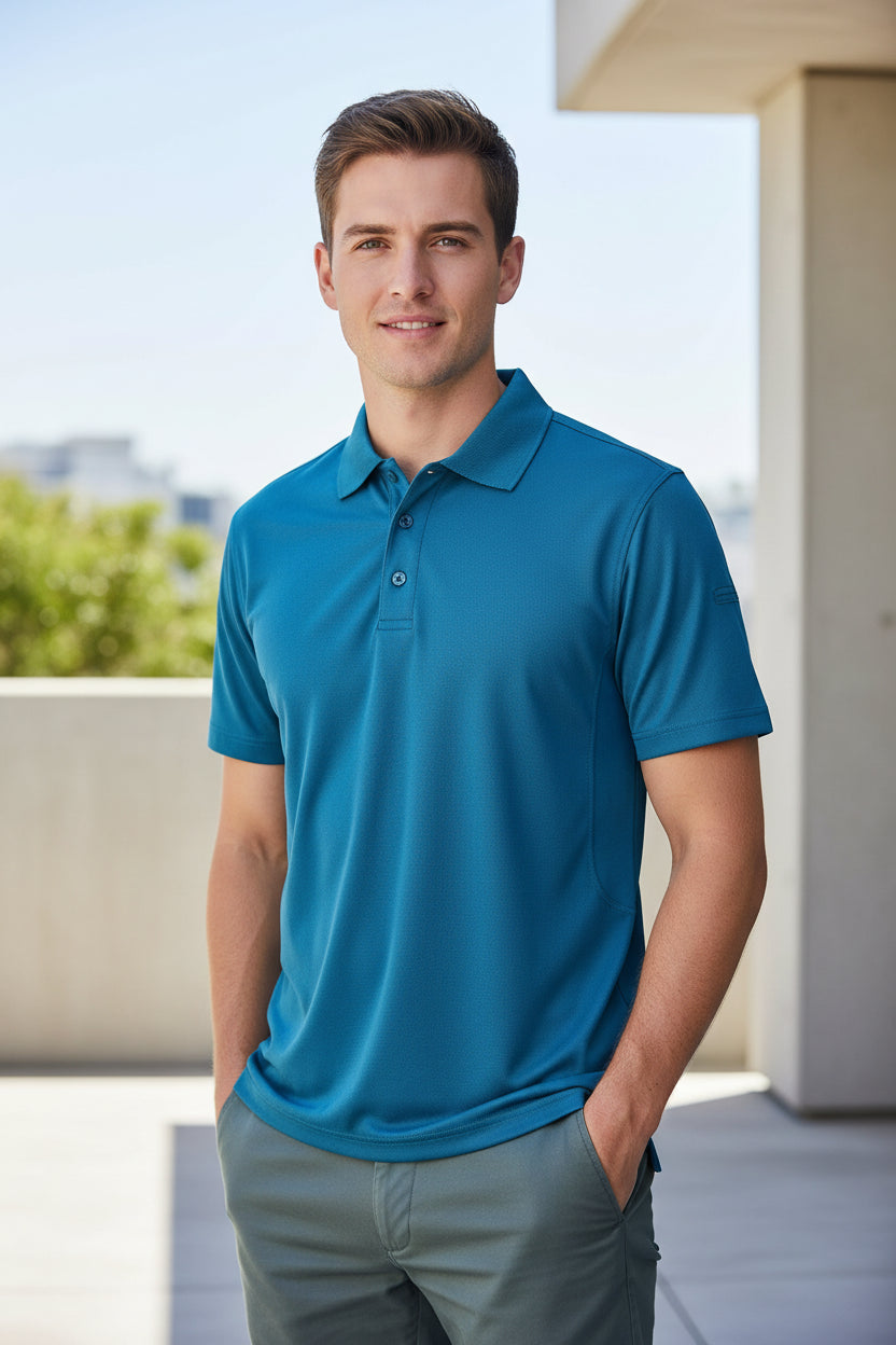 Blue polo shirt on a white background