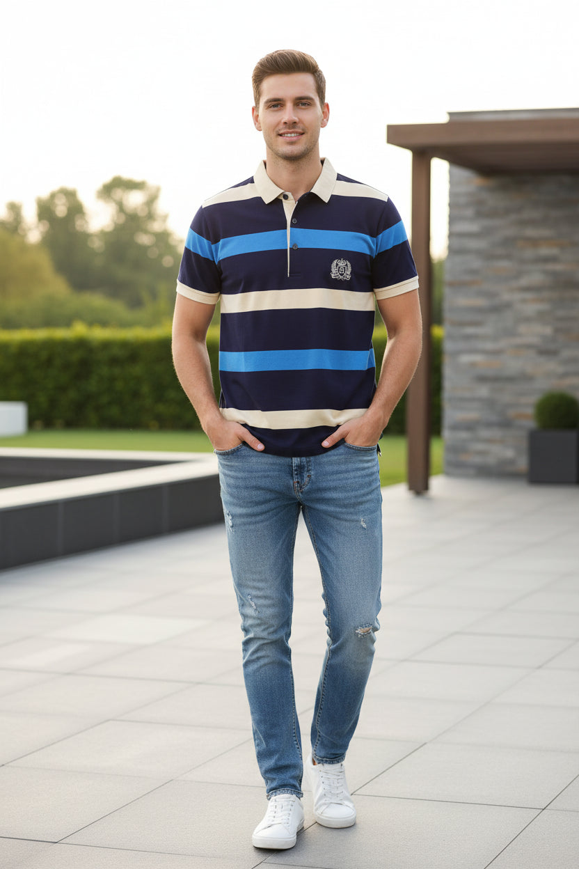Navy blue polo shirt with white and blue stripes on a gray background