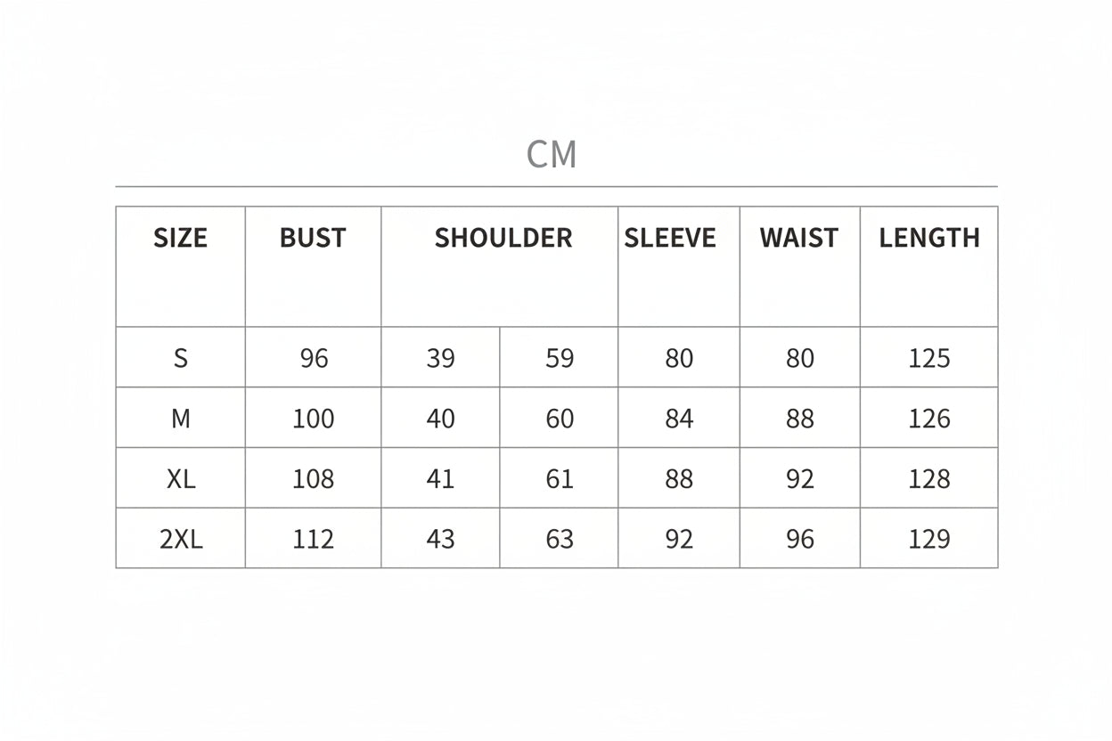 Size chart for clothing measurements in centimeters and inches