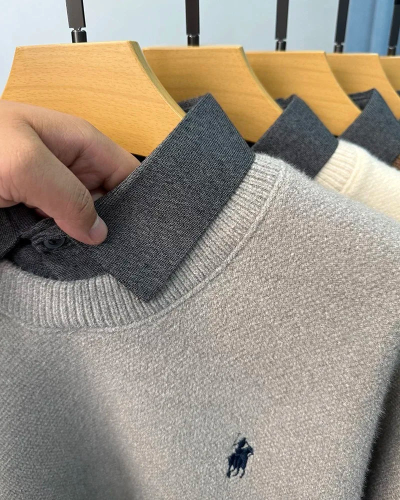 High end trendy pony embroidery men's sweater luxury brand fashion Paul winter velvet warm striped shirt collar knitted pullover