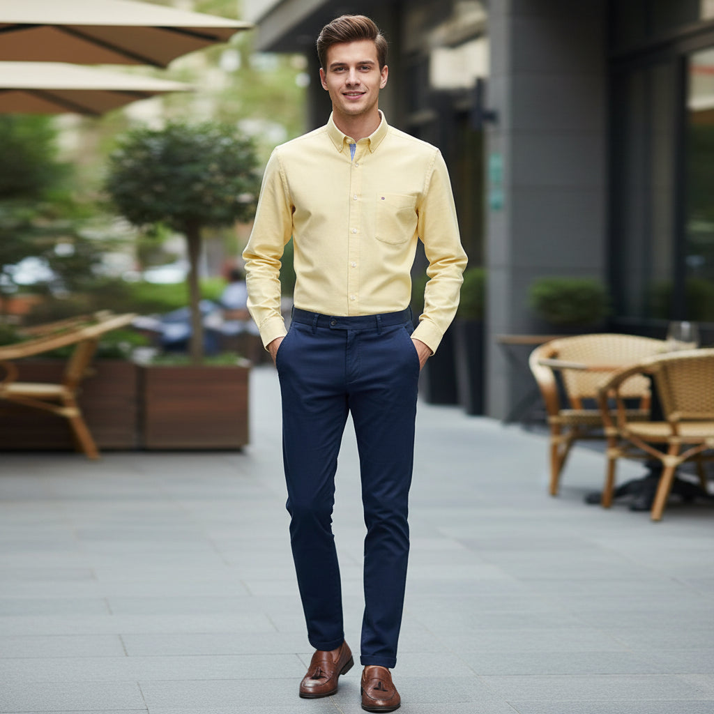 Folded yellow shirt with a visible brand label on a white background