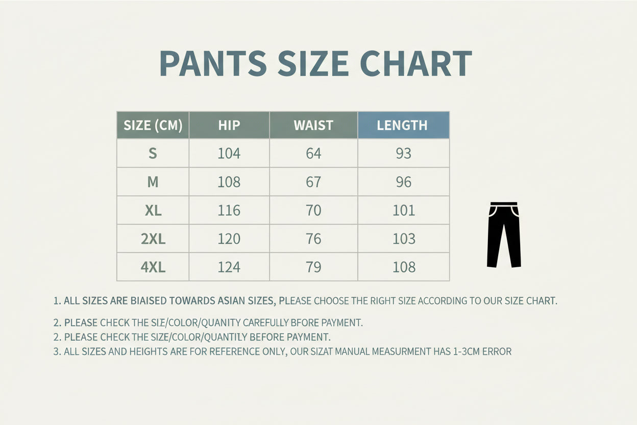 Pants size chart with measurements in centimeters for various sizes.