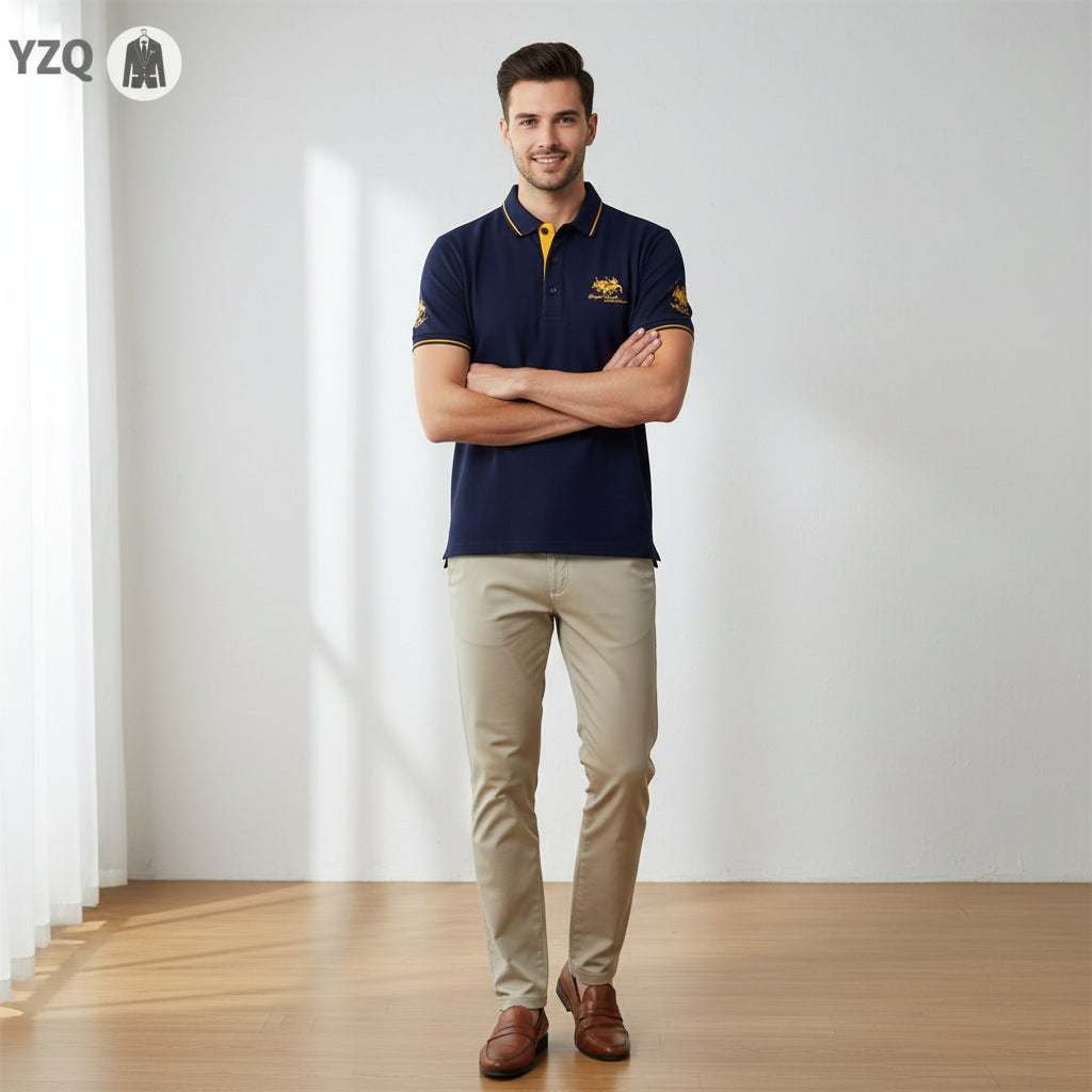 Men's Casual Short Sleeve Polo Shirt with Embroidered Design