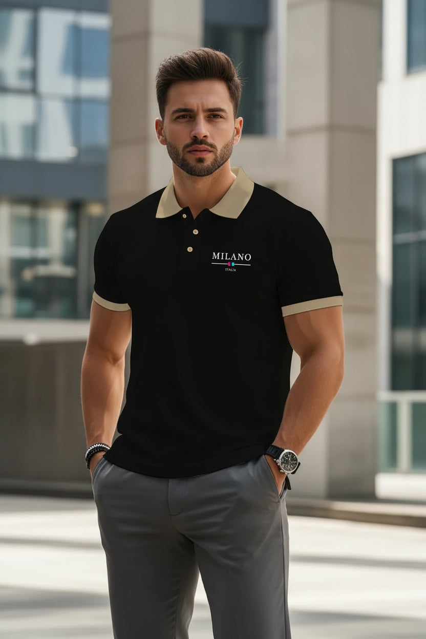 Black polo shirt with beige collar and trim, featuring 'MILANO ITALIA' branding.