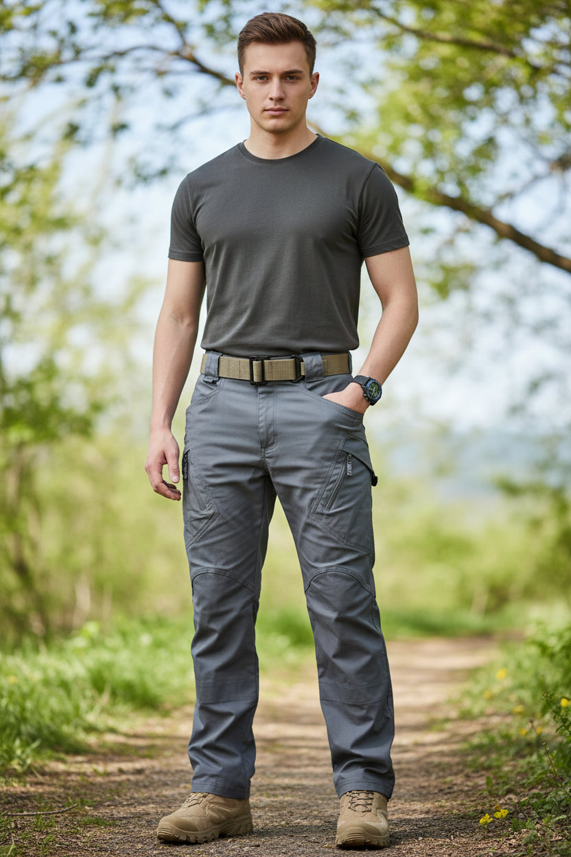 Gray tactical pants with a belt on a white background