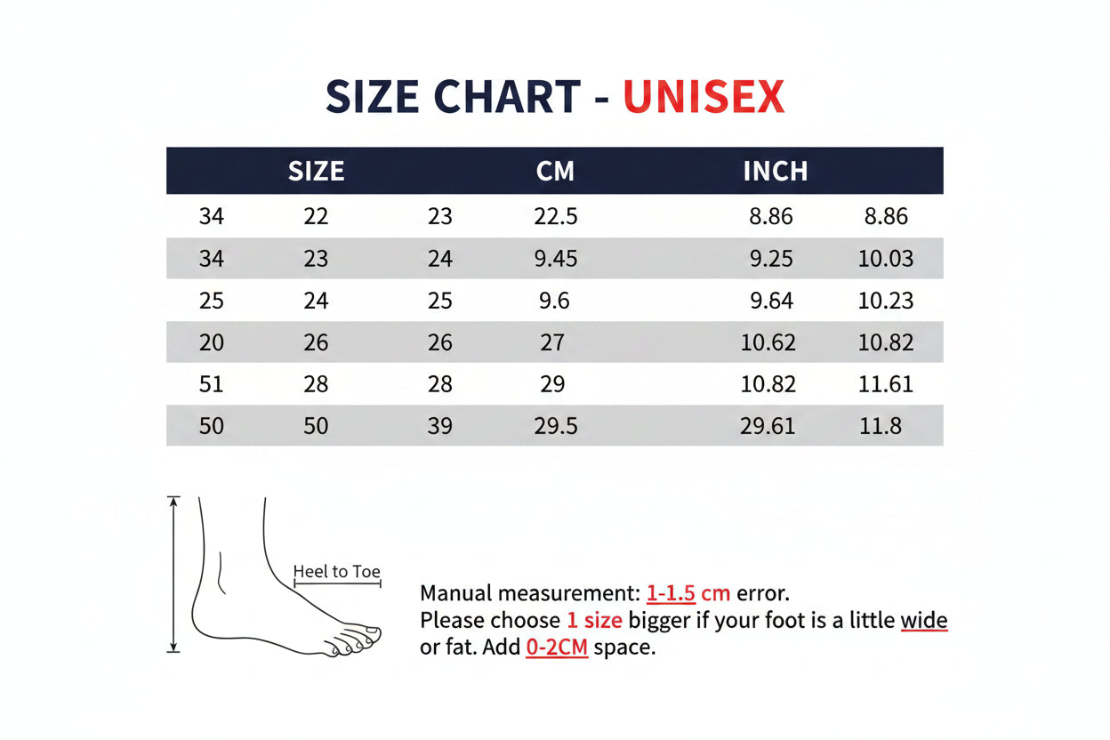 Foot measurement chart for Yang Hui Unisex shoes with size chart and foot length guide.