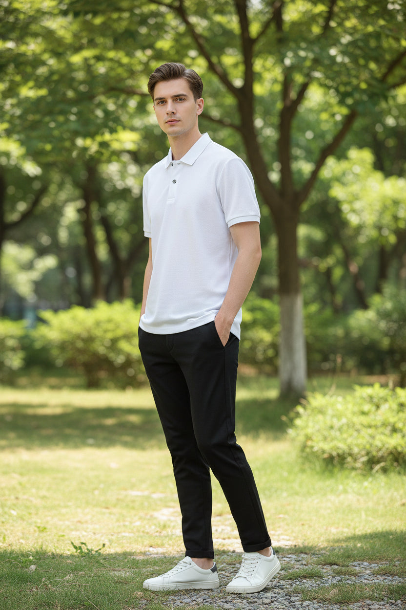White polo shirt on a hanger with a hand touching it, against a blurred background of other shirts.