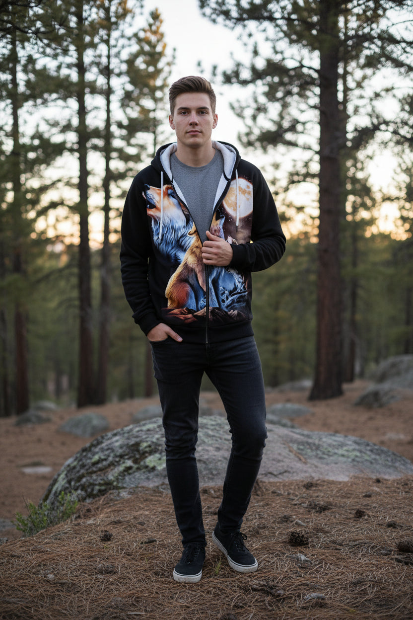 Hoodie with wolf design and moon on a white background