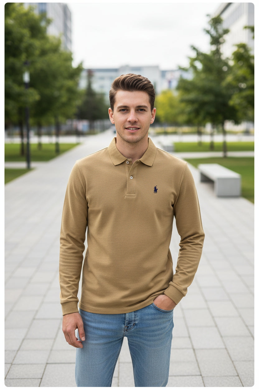 Beige long-sleeve polo shirt with a brand logo on a hanger against a background of other colored shirts.