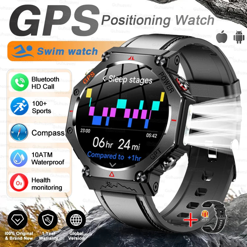Smartwatch with GPS and multiple features displayed on a white background