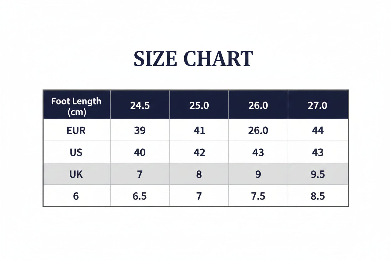 Size chart for shoes showing foot length in centimeters and corresponding EU, US, and UK sizes.