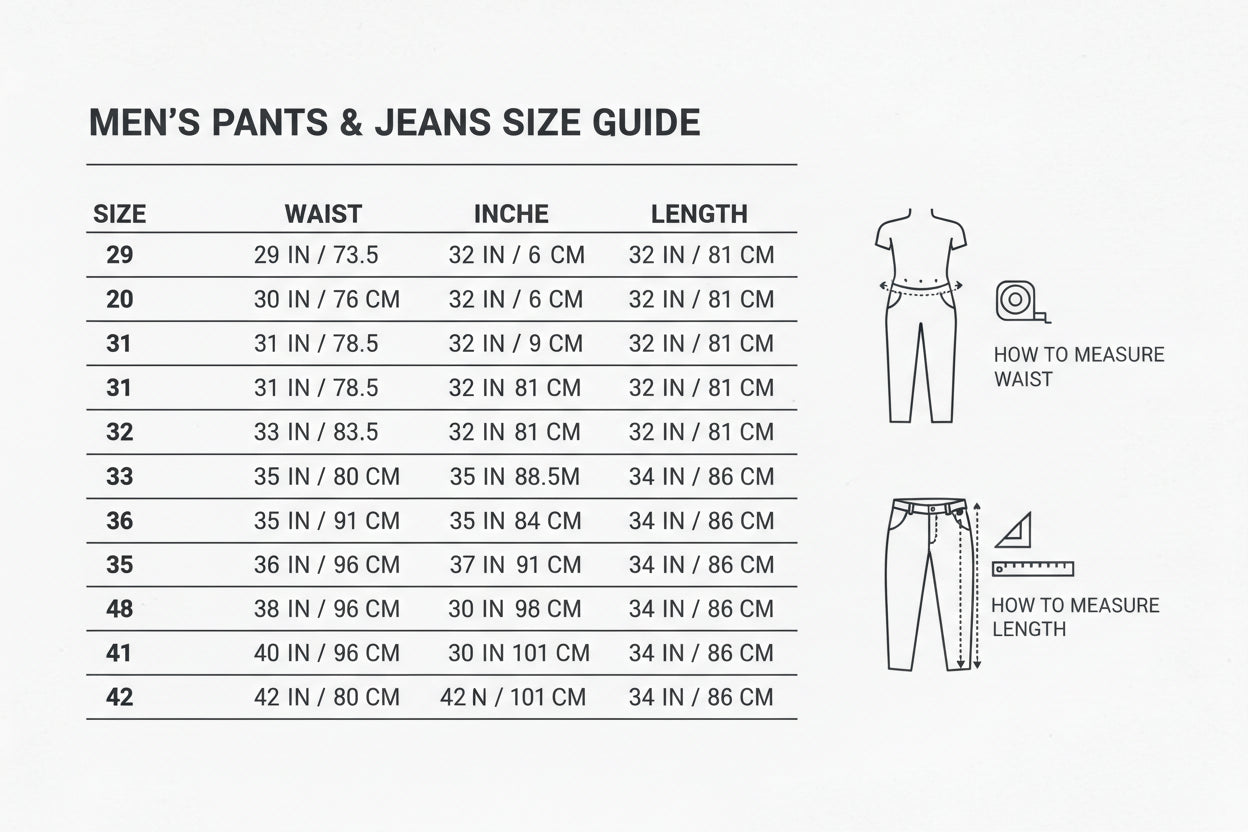 Size chart for pants with waist and length measurements, accompanied by images of a person measuring pants and a measurement guide.