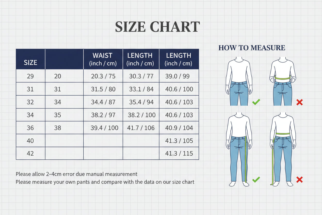 Size chart for pants with waist and length measurements, accompanied by images of a person measuring pants and a measurement guide.