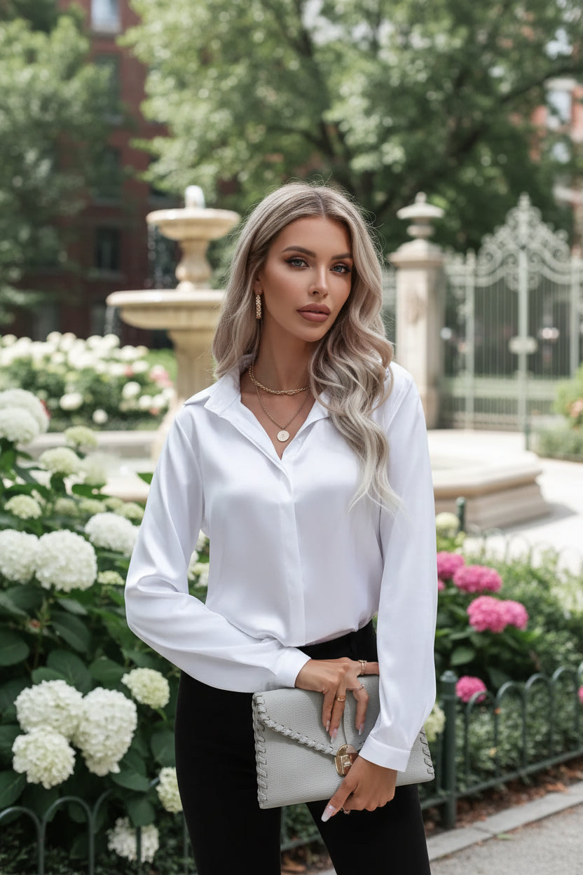 Woman wearing a white satin shirt with long sleeves against a plain background