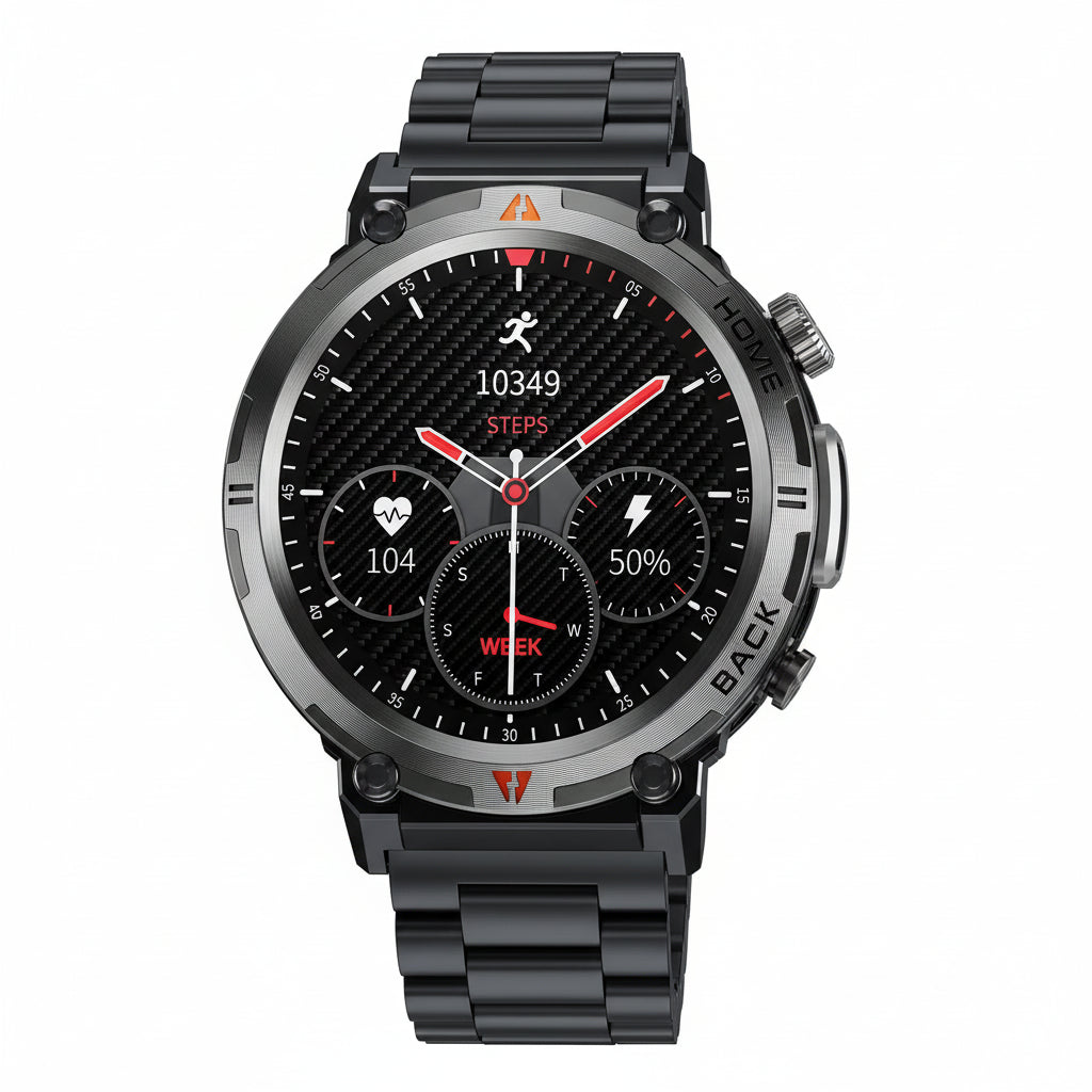 Two smartwatches with metallic bands on a white background