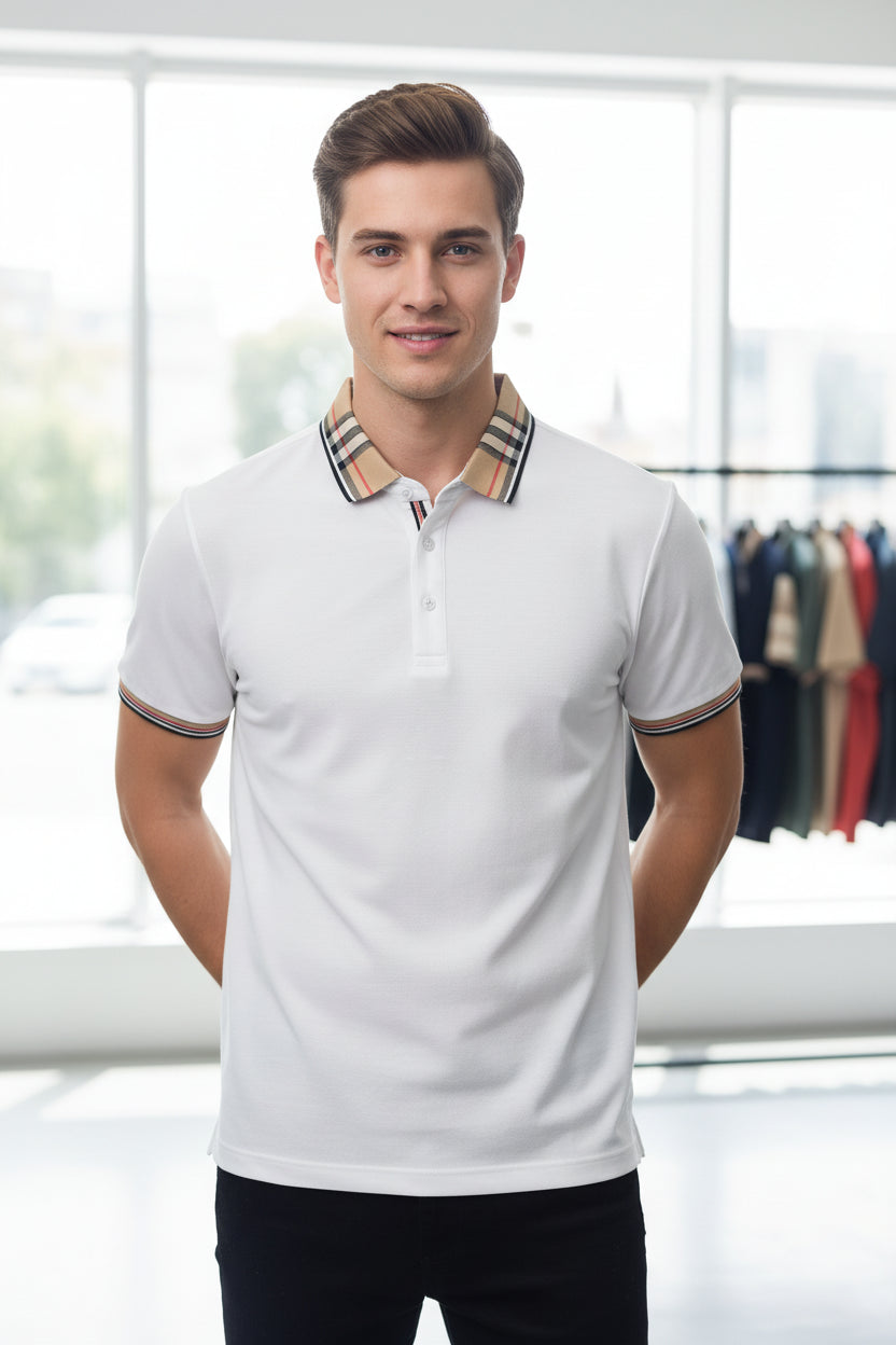 White polo shirt with plaid collar on a rack in a clothing store