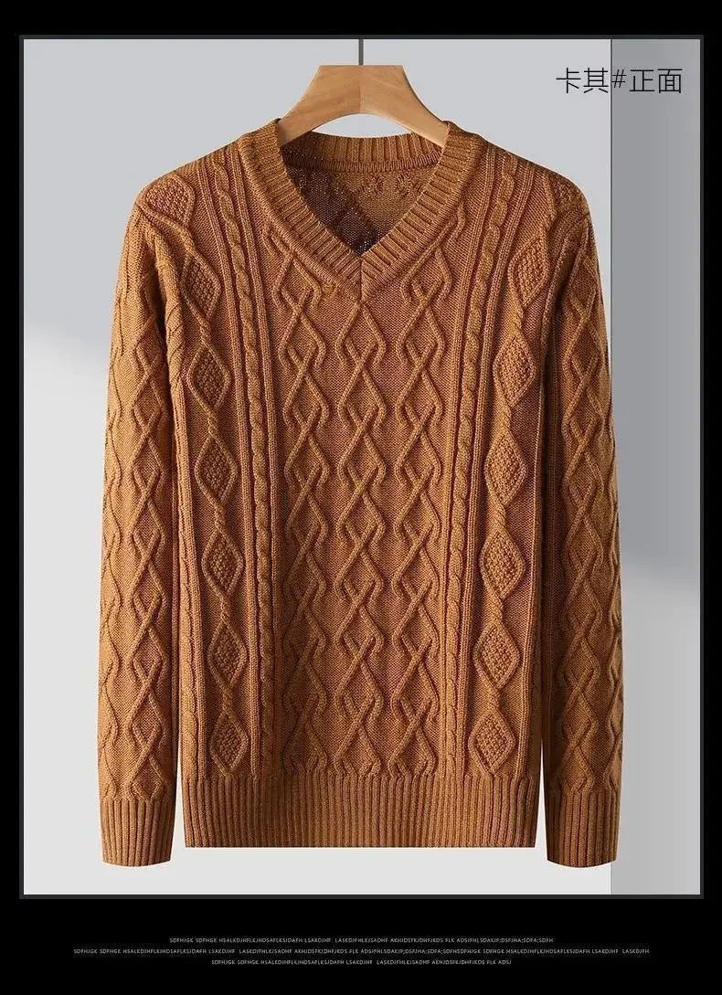 2024 New Autumn and Winter High-end Pullover Chicken Heart Neck Jacquard Long Sleeved Casual Loose and Thickened Men's Sweater