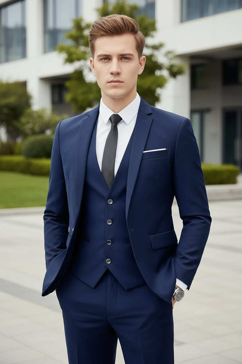 Man wearing a blue suit with a white shirt and black tie indoors.