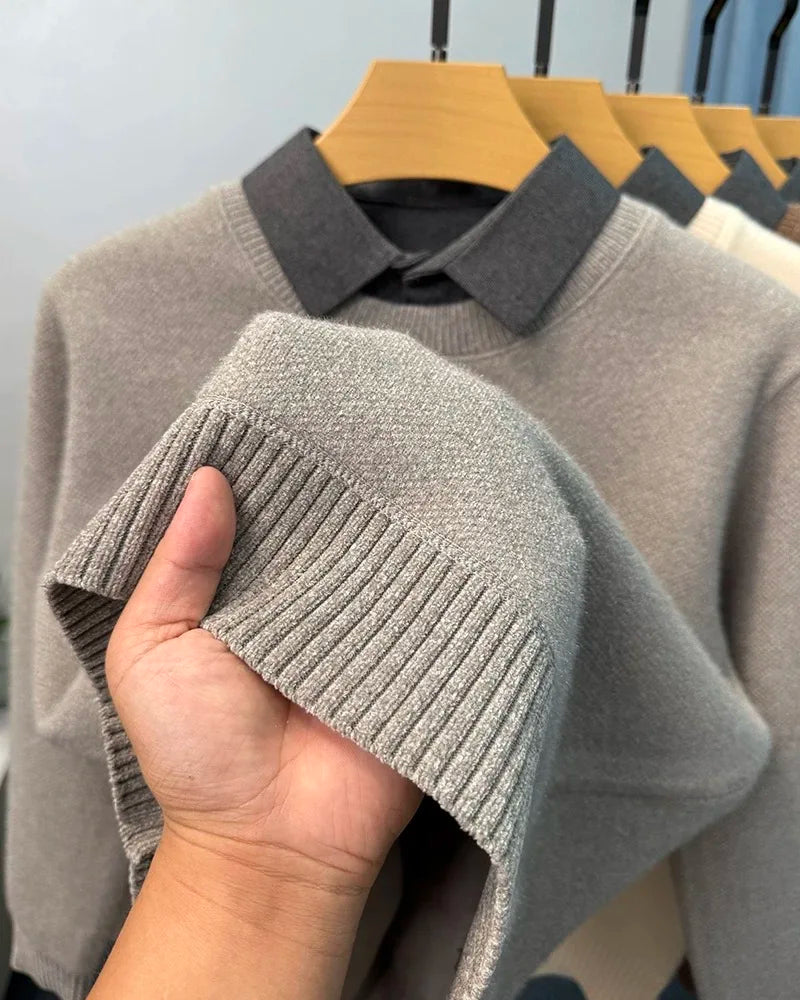 High end trendy pony embroidery men's sweater luxury brand fashion Paul winter velvet warm striped shirt collar knitted pullover