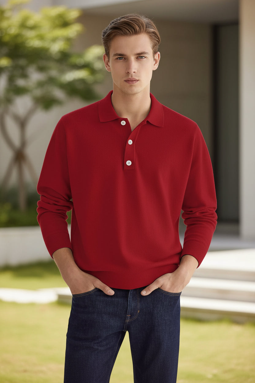 Red long-sleeve polo shirt worn by a person on a beige background