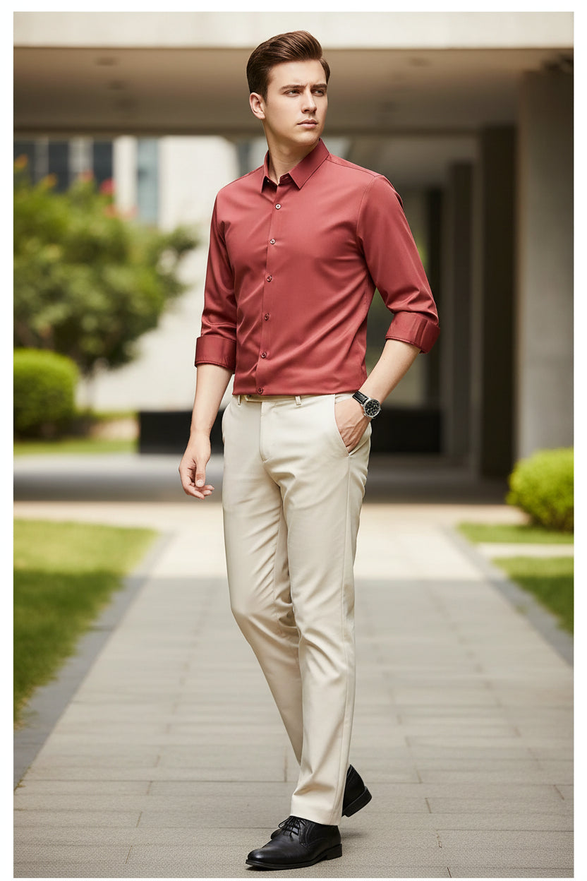 Red shirt worn by a person on a black background