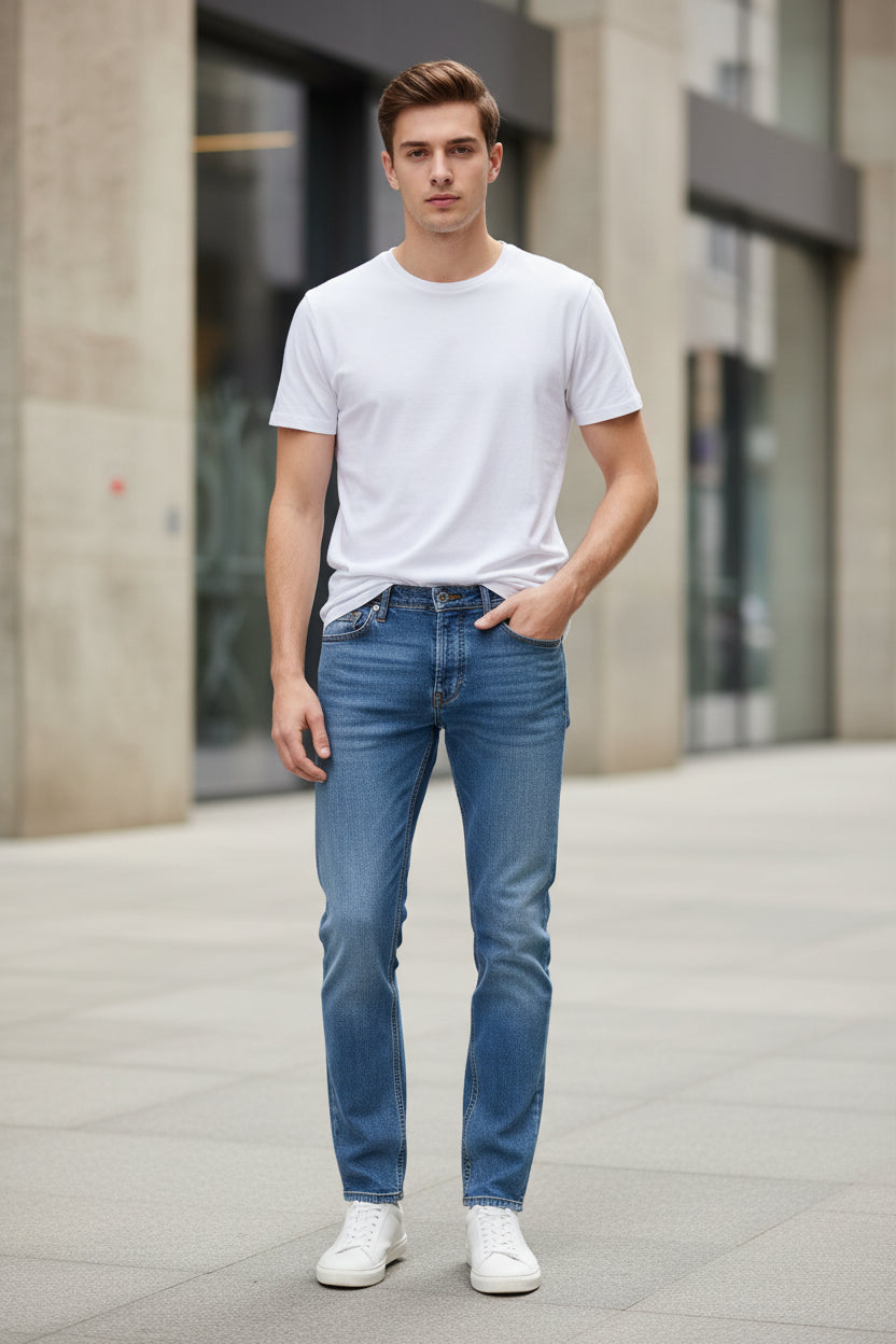 Pair of blue jeans with tags on a gray tiled floor