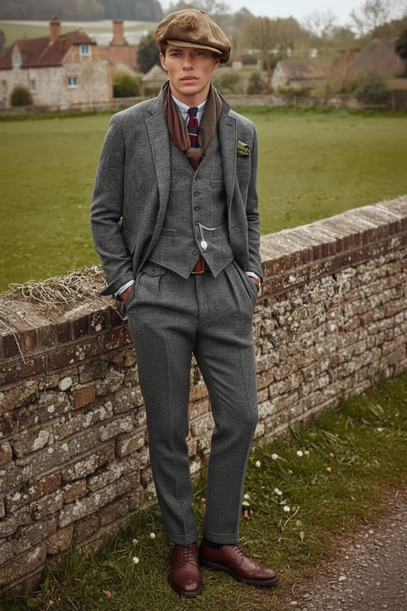 Man in a gray suit and cap standing outdoors with a scenic background