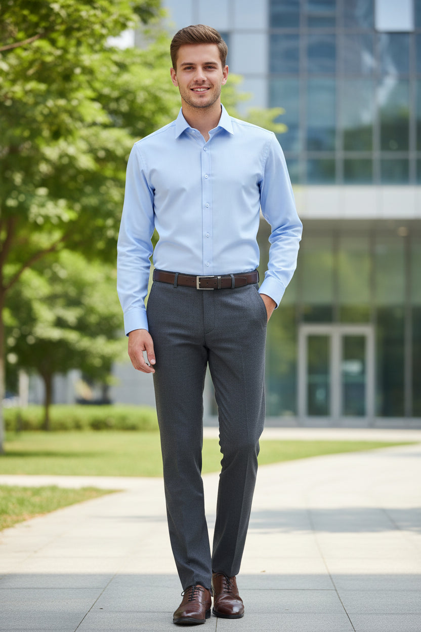 Folded light blue dress shirt with a cufflink on a beige surface.