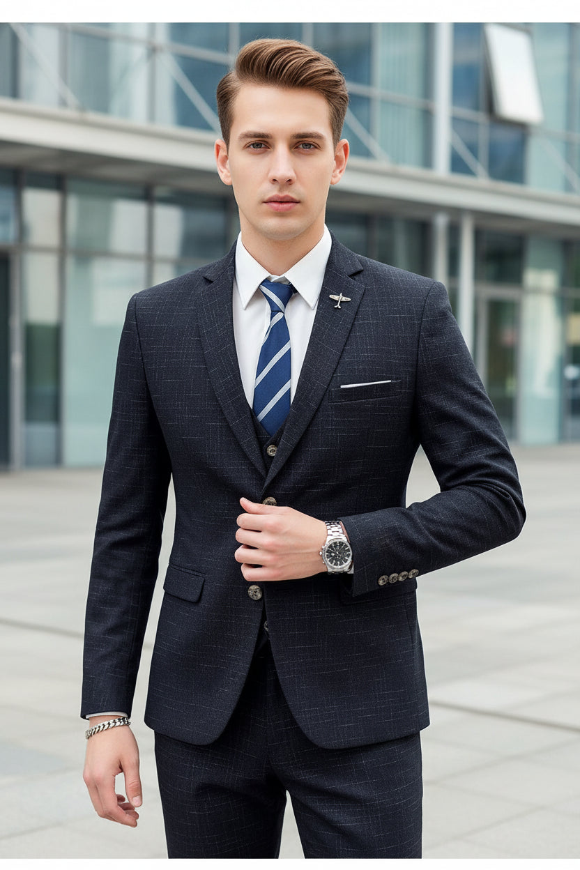 Person wearing a dark checkered suit with a blue tie, sitting on a beige couch.