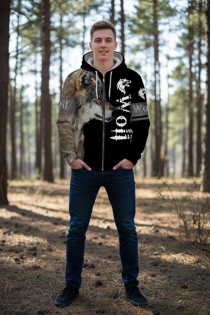 Hoodie with wolf design and 'Wolves' text on a white background