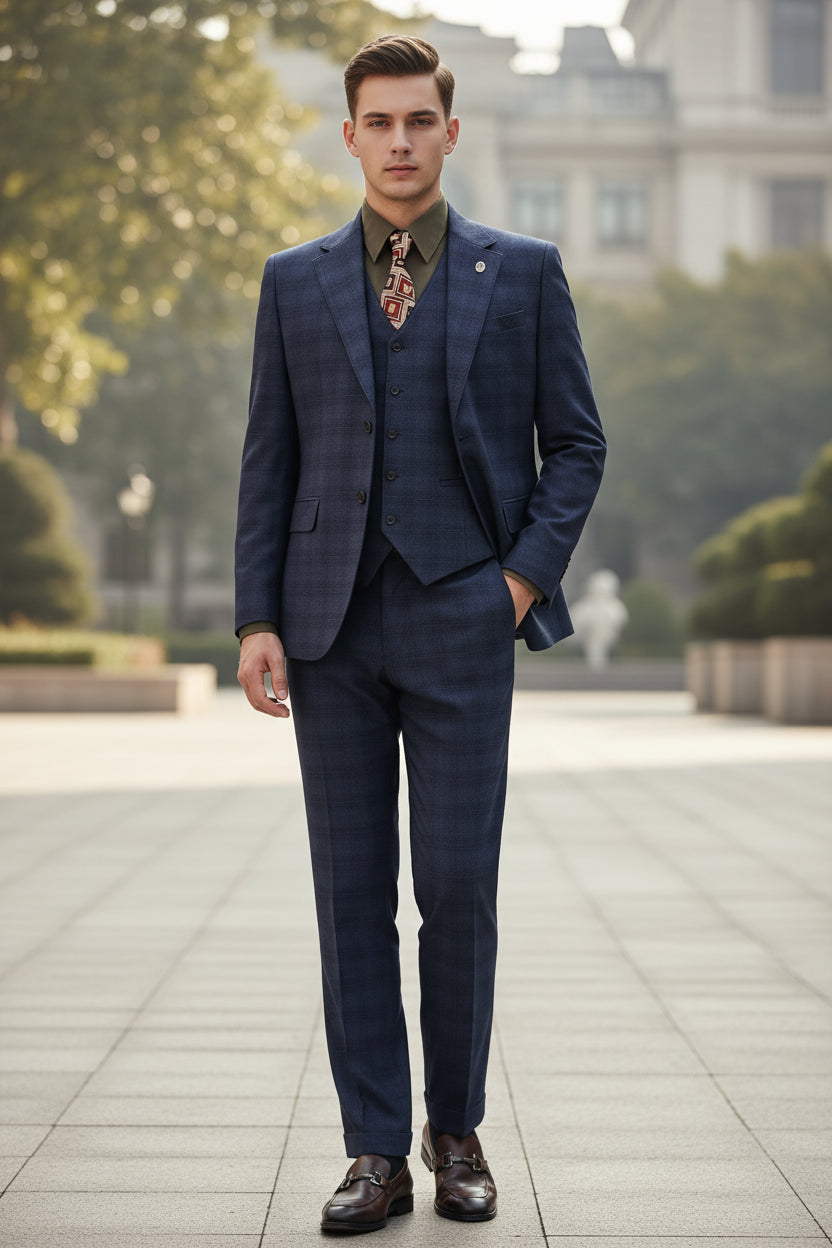 Blue suit on a mannequin with a patterned tie, placed on a stand against a neutral background.