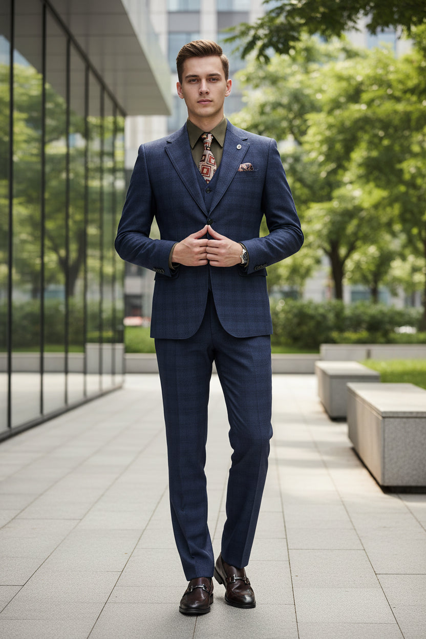 Blue suit on a mannequin with a patterned tie, placed on a stand against a neutral background.