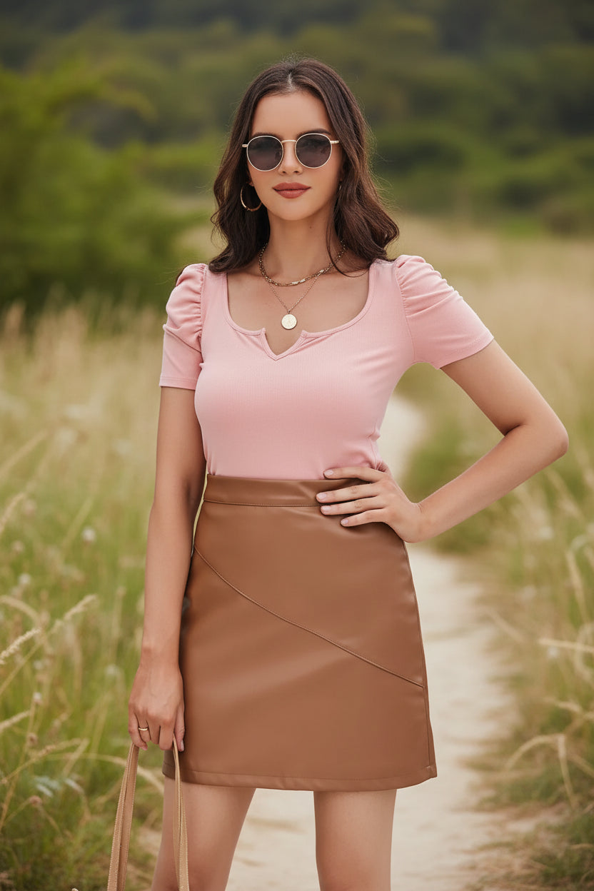 Woman wearing a pink top and brown skirt on a white background