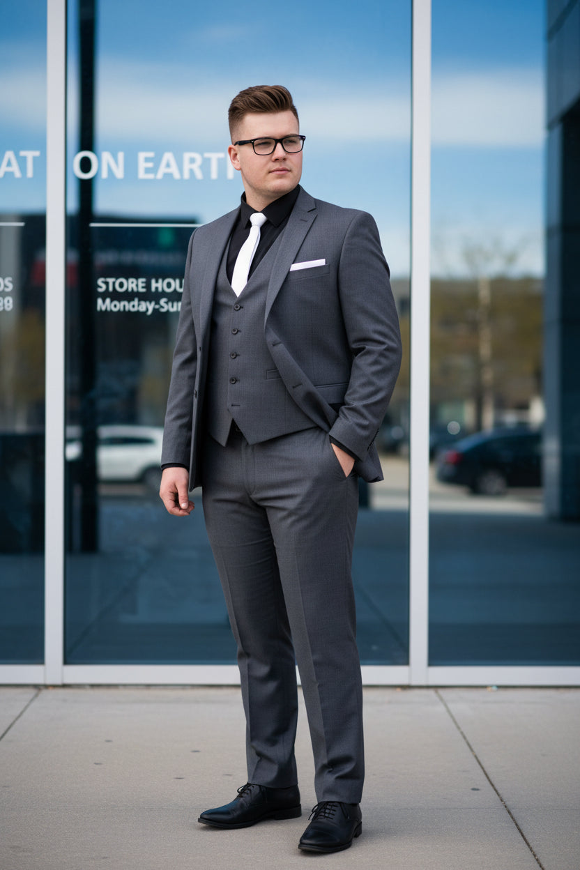 Man wearing a gray suit with a vest and tie, standing in front of a glass door.