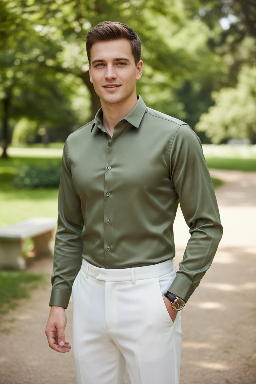 Black Men's Long Sleeve Wrinkle-Free Dress Shirt - Stretchy Office Wear