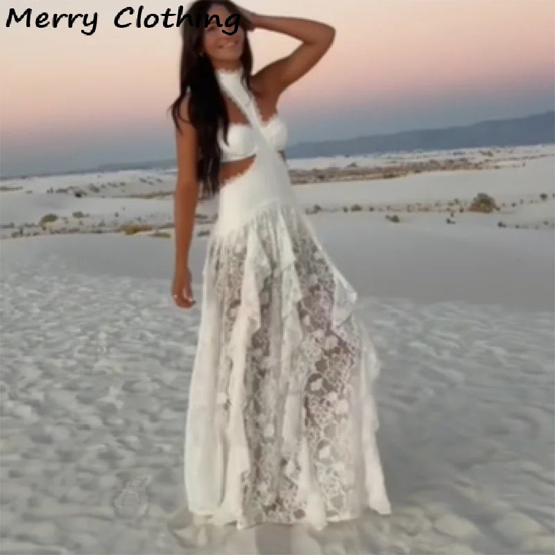 Lace Hollow Out Sleeveless Dress for Women - See-Through Halter