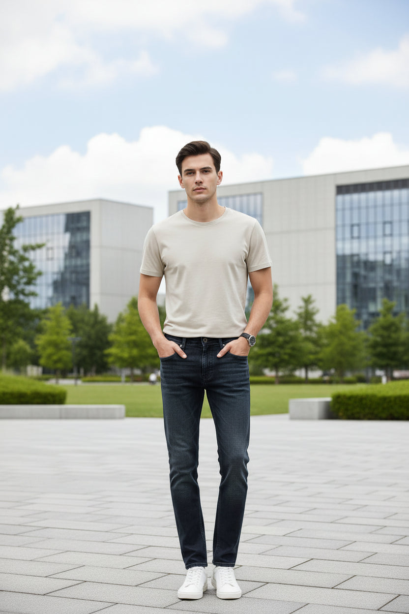 Blue jeans with a brown belt on a white background