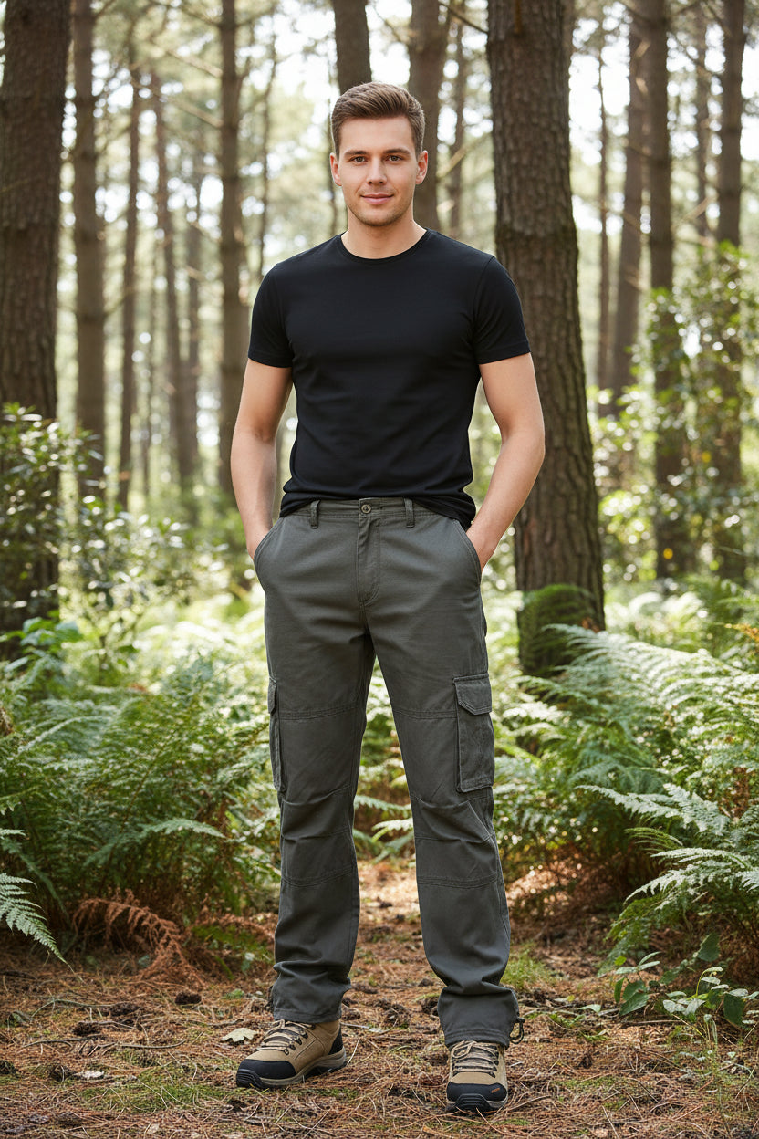Person wearing gray cargo pants on a white background
