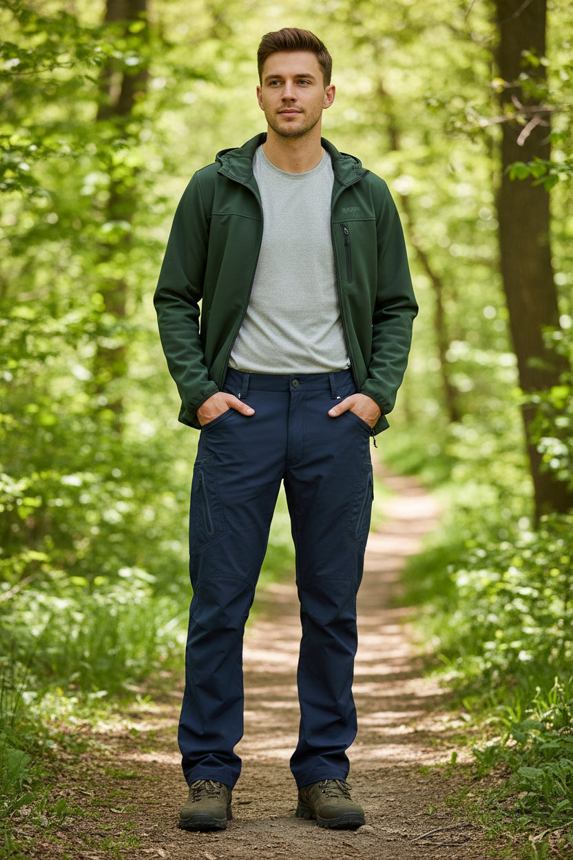 Navy blue pants worn by a person on a white background