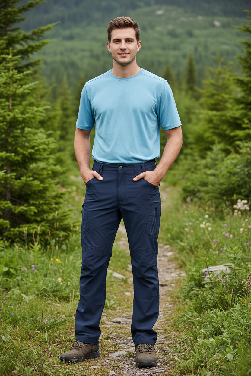Navy blue pants worn by a person on a white background