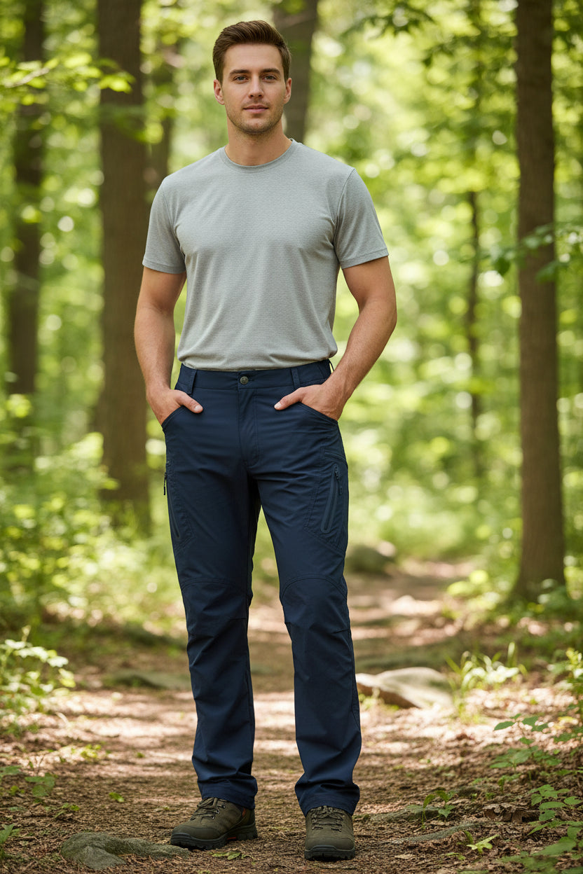 Navy blue pants worn by a person on a white background