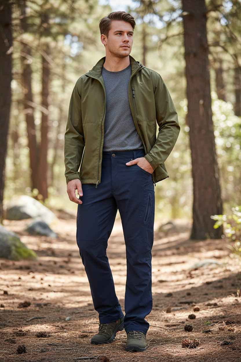 Navy blue pants worn by a person on a white background