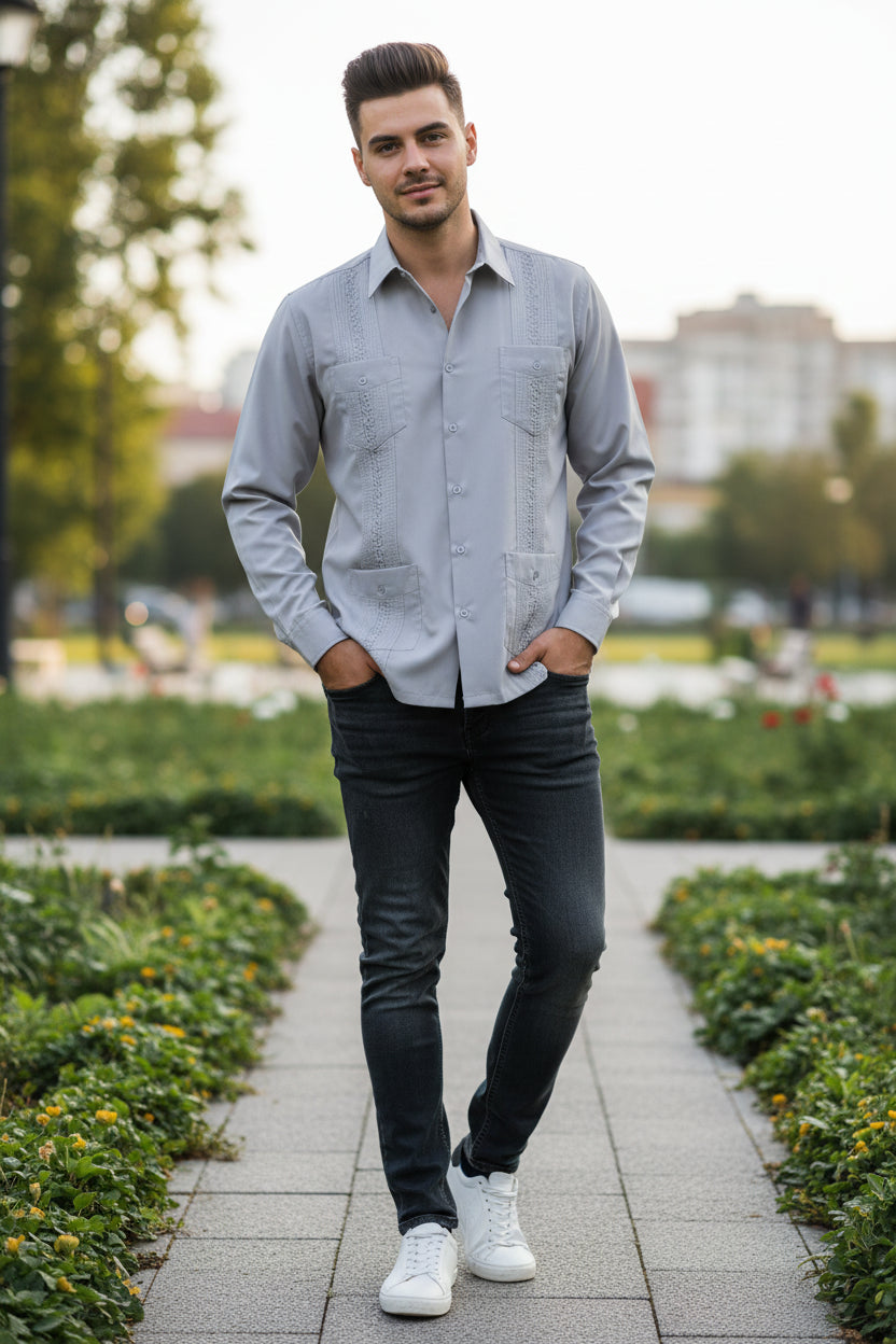 Gray embroidered shirt A Young man wearing this shirt outside