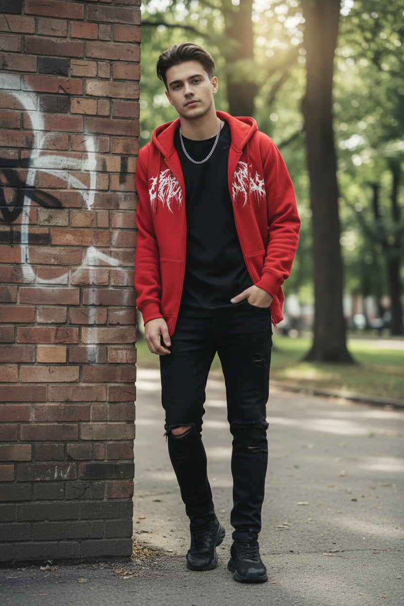 Red hoodie with white graphic design on a white background