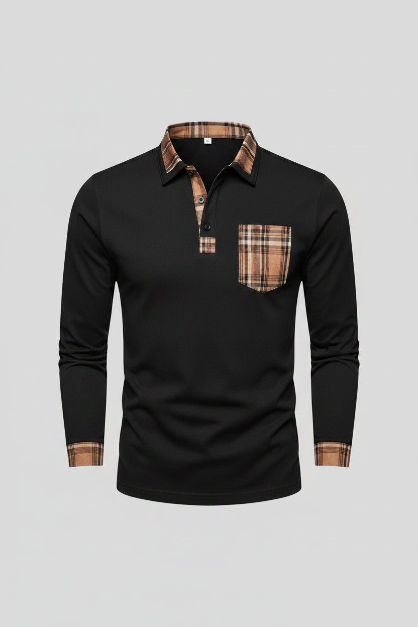Man wearing a black long-sleeve polo shirt with plaid accents on a city street.